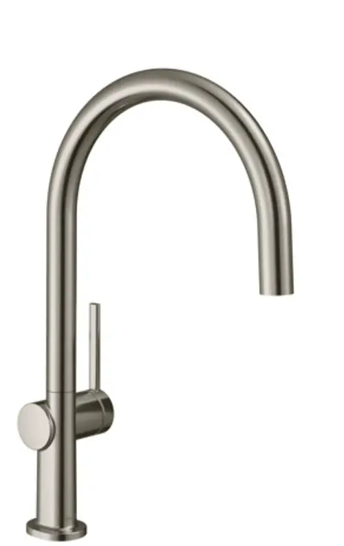 Hansgrohe Spültischmischer in Edelstahl-Optik mit hohem, geschwungenem Auslauf und seitlichem Hebel zur regulären Wassersteuerung.
